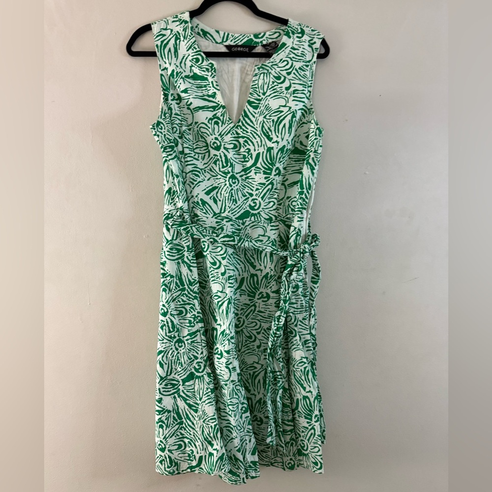 George Green Floral Print V Neck Sleeveless Belted Dress - Size 12